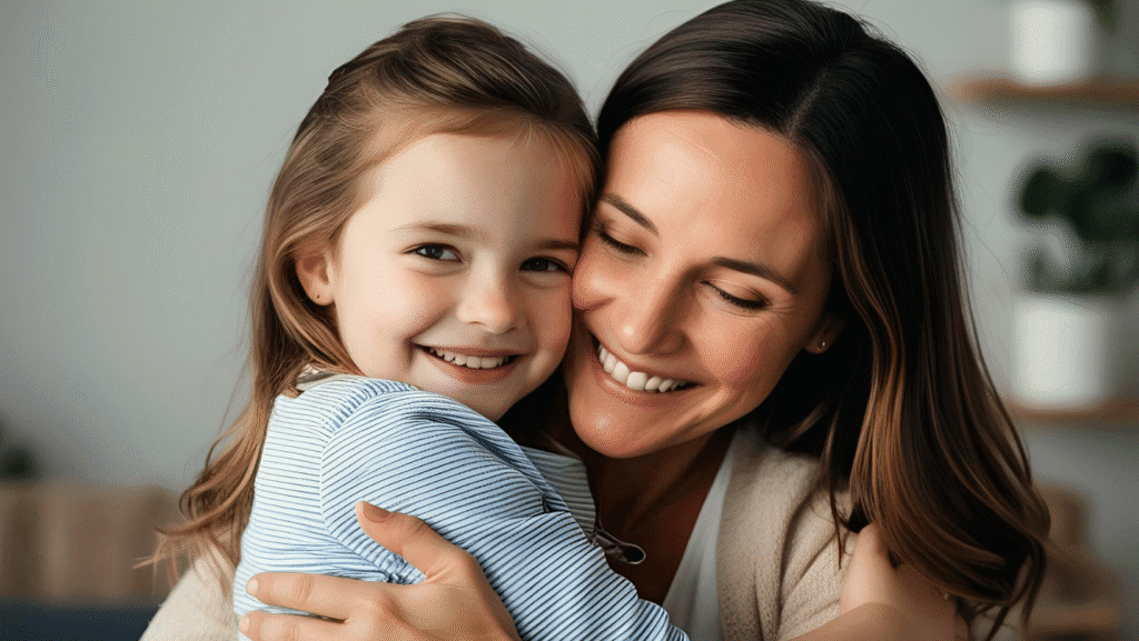 A mom hugging her child tightly, smiling warmly: Happy Mother's Day Quotes