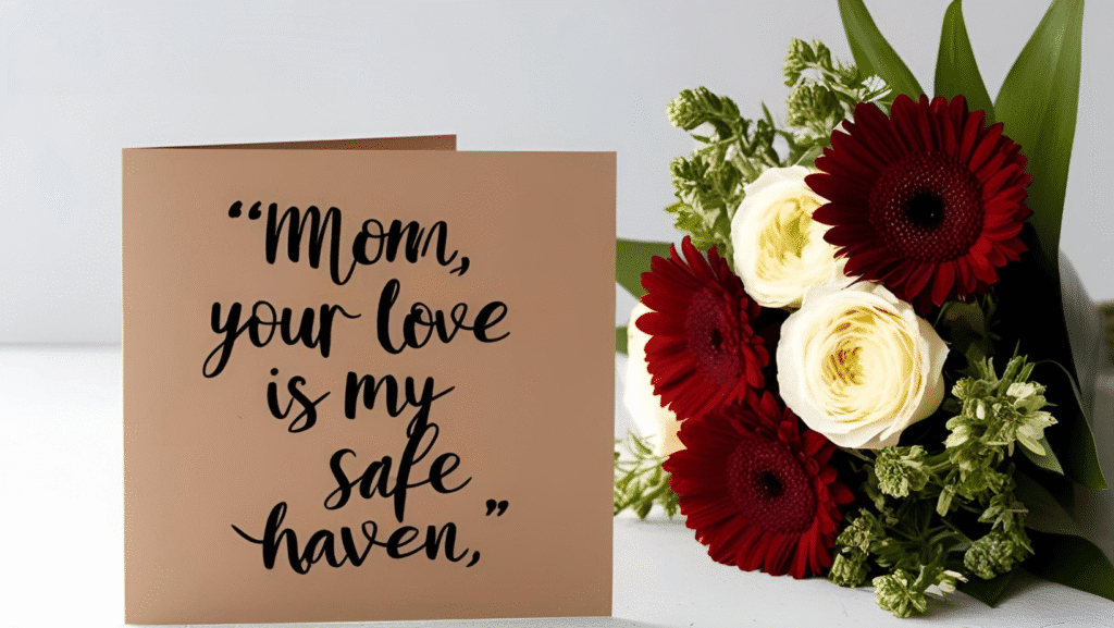 A handwritten card with the quote, “Mom, your love is my safe haven,” placed next to a bouquet of flowers.