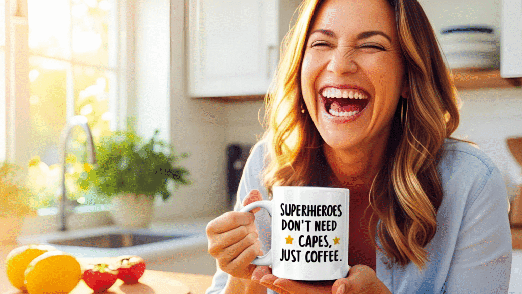 A mom laughing while holding a coffee mug with the quote, “Superheroes don’t need capes, just coffee.”