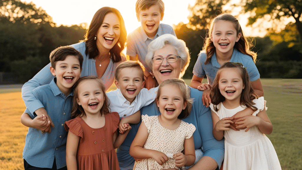 A diverse family photo with a stepmom, grandmother, and children smiling together.