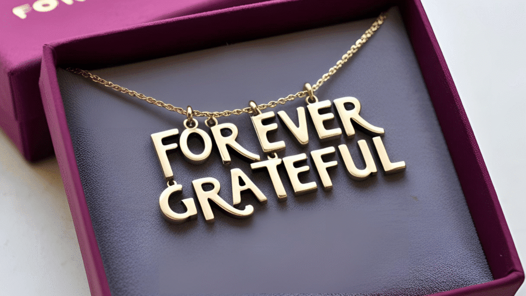 A custom necklace with the quote, “Forever grateful,” displayed on a velvet background.