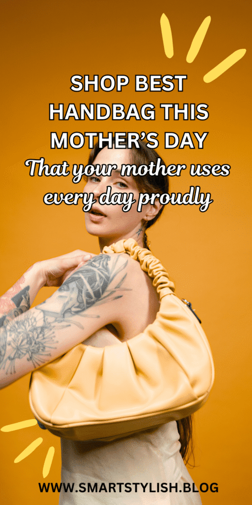 The image features a sleek, tan leather handbag with gold hardware, prominently placed against a clean white background. Next to the bag is a small, decorative gift box adorned with colorful flowers, tied with a ribbon, evoking a Mother’s Day theme. The setup highlights the elegance and thoughtfulness of choosing a handbag as a gift, ideal for those searching to shop Mother’s Day handbags. The composition is bright and inviting, emphasizing style and practicality for a perfect Mother’s Day present