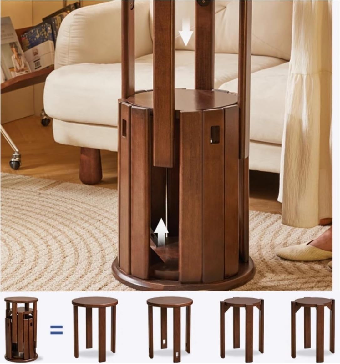 Three stackable wooden stools with blue cushions on a tiled balcony, next to a low table with snacks. A hanging planter and a city view create a cozy urban scene.