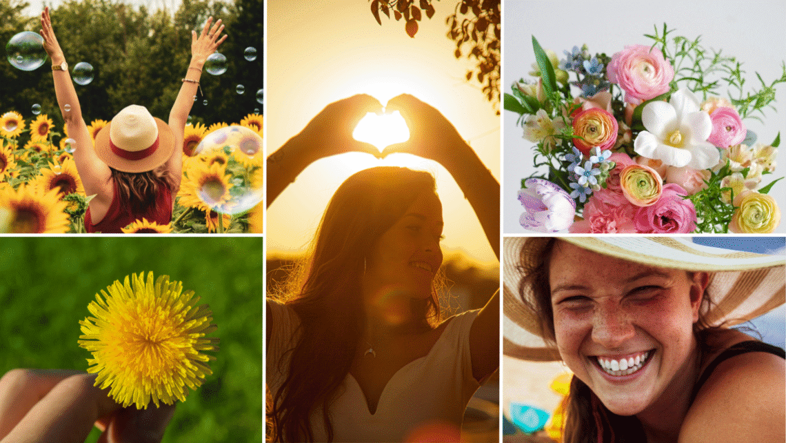 A cheerful collage featuring colorful, handwritten-style quotes that will make you smile, surrounded by vibrant flowers, hearts, and sunshine graphics on a bright background.