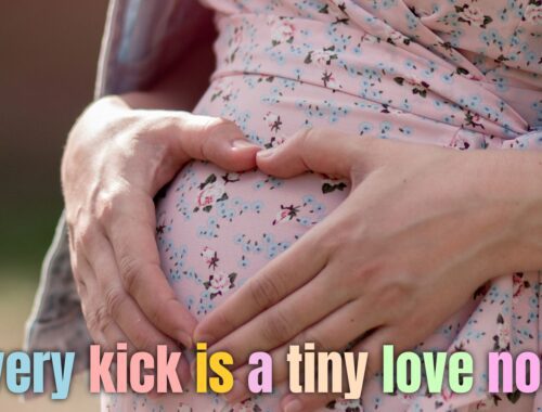 A pregnant mom in a flowing dress, holding her bump in a sunlit room, with a quote (“Every kick is a tiny love note”) overlaid in elegant script.