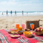 Food in a Picnic Blanket in the Beach