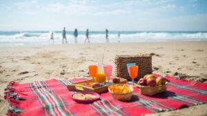 Food in a Picnic Blanket in the Beach