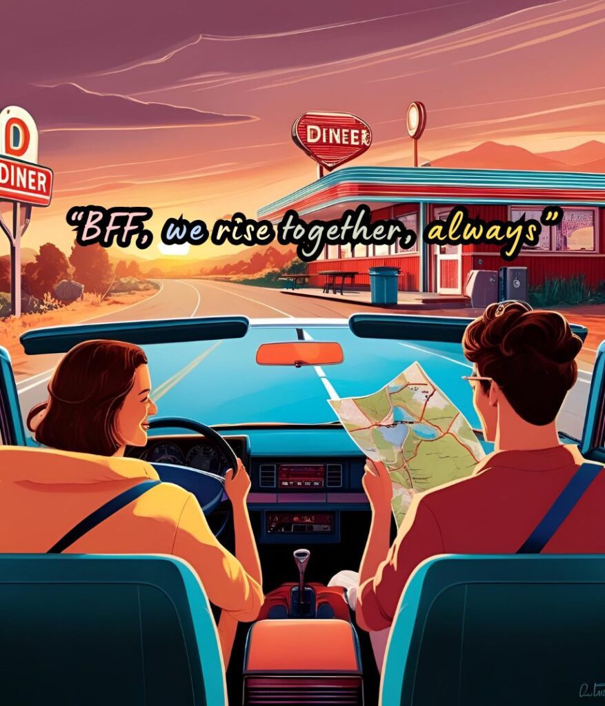 Two friends on a road trip, with a quote (“BFF, we rise together, always”) in vibrant yellow.