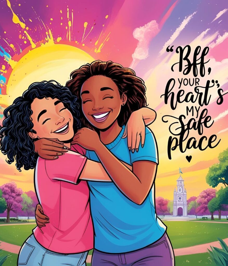 Two besties hugging at sunset, with a quote (“BFF, your heart’s my safe place”) in elegant script.