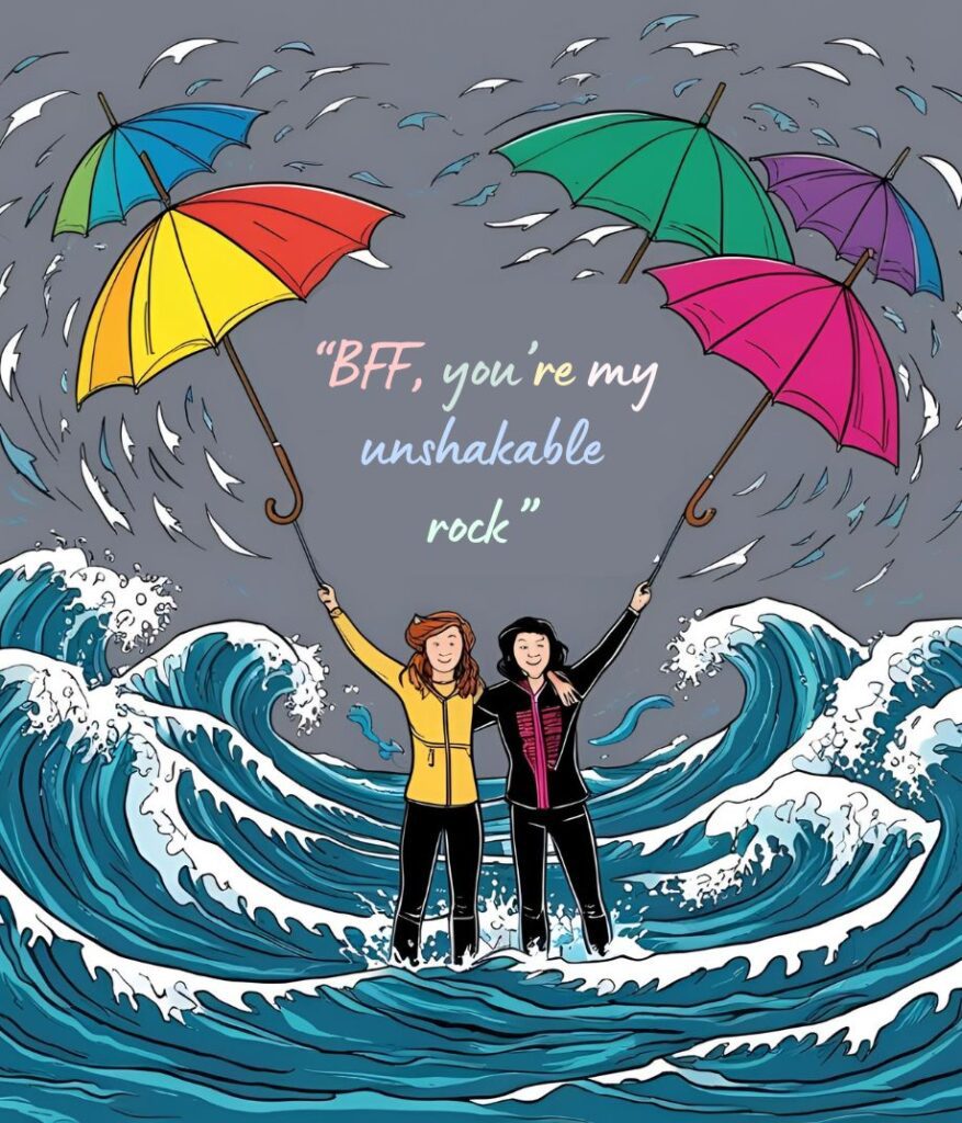 Friends holding hands in a storm, with a quote (“BFF, you’re my unshakable rock”) in bold white.