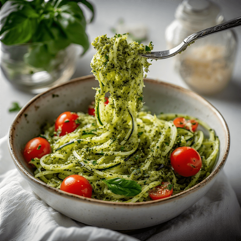 A bowl of zucchini noodles with green pesto and cherry tomatoes, twirled on a fork, on a white tablecloth. A basil plant, a parmesan shaker, and a garlic bread slice add an Italian vibe.