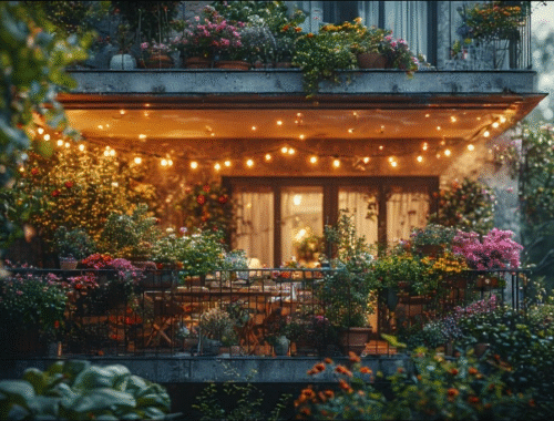A cozy balcony with vibrant plants and colorful flowers with modern and clean balcony look ith fairy lights