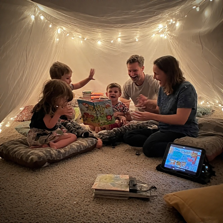A snug living room with a blanket fort glowing softly under string lights. A family sits cross-legged on cushions, one child dramatically reading from a colorful book, another acting out a scene with exaggerated gestures. Parents lean in, laughing, as a tablet screen shows a digital storybook. A stack of books and a recorder rest nearby, capturing the moment.