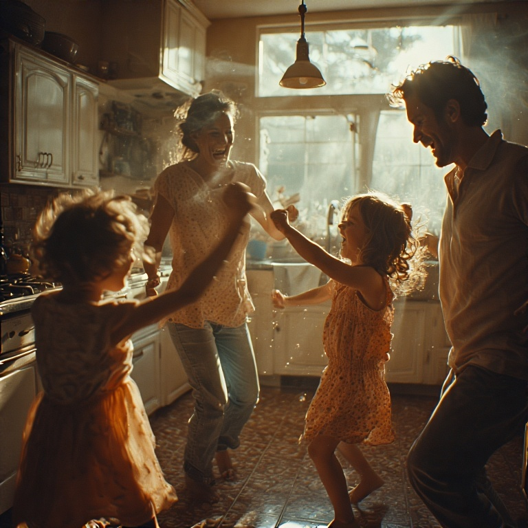 Family dancing in kitchen happily